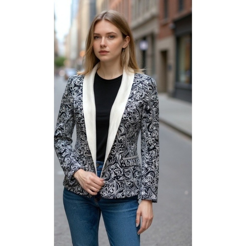 Talbots S Petite‎ Black White Paisley Shawl Cotton Cardigan Sweater classic prep
